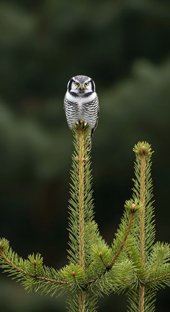Northern Hawk Owl Perched Pine Tree Wildlife Portrait - Free Mobile AMOLED Wallpaper Background