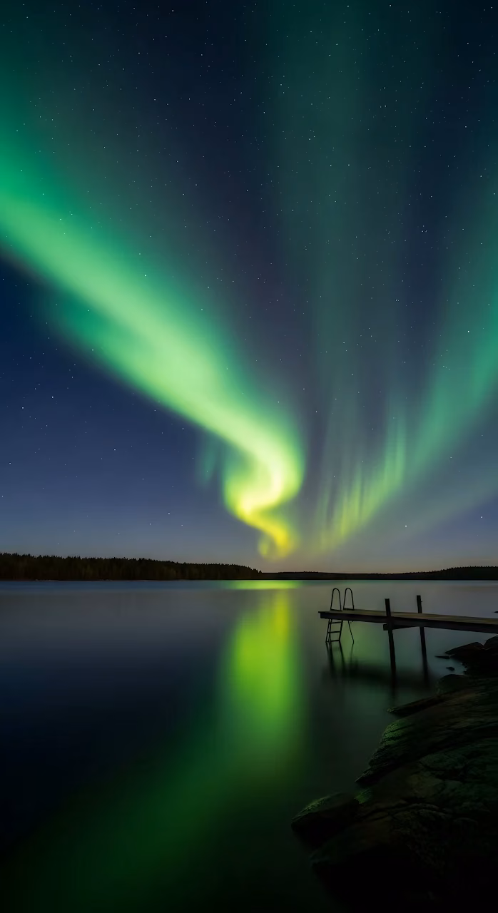Northern Lights Reflection over Calm Lake Pier - Free Mobile AMOLED Wallpaper Background