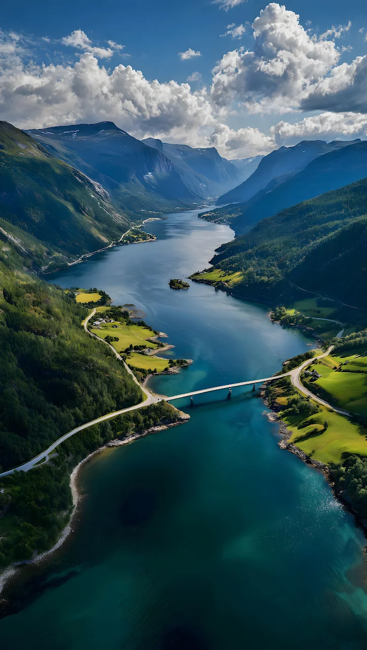 Download Norway Fjord Aerial Bridge Valley 4K Wallpaper in Mobile HD Aerial view of a blue fjord surrounded by green mountain slopes and connected by a road bridge in Norway.