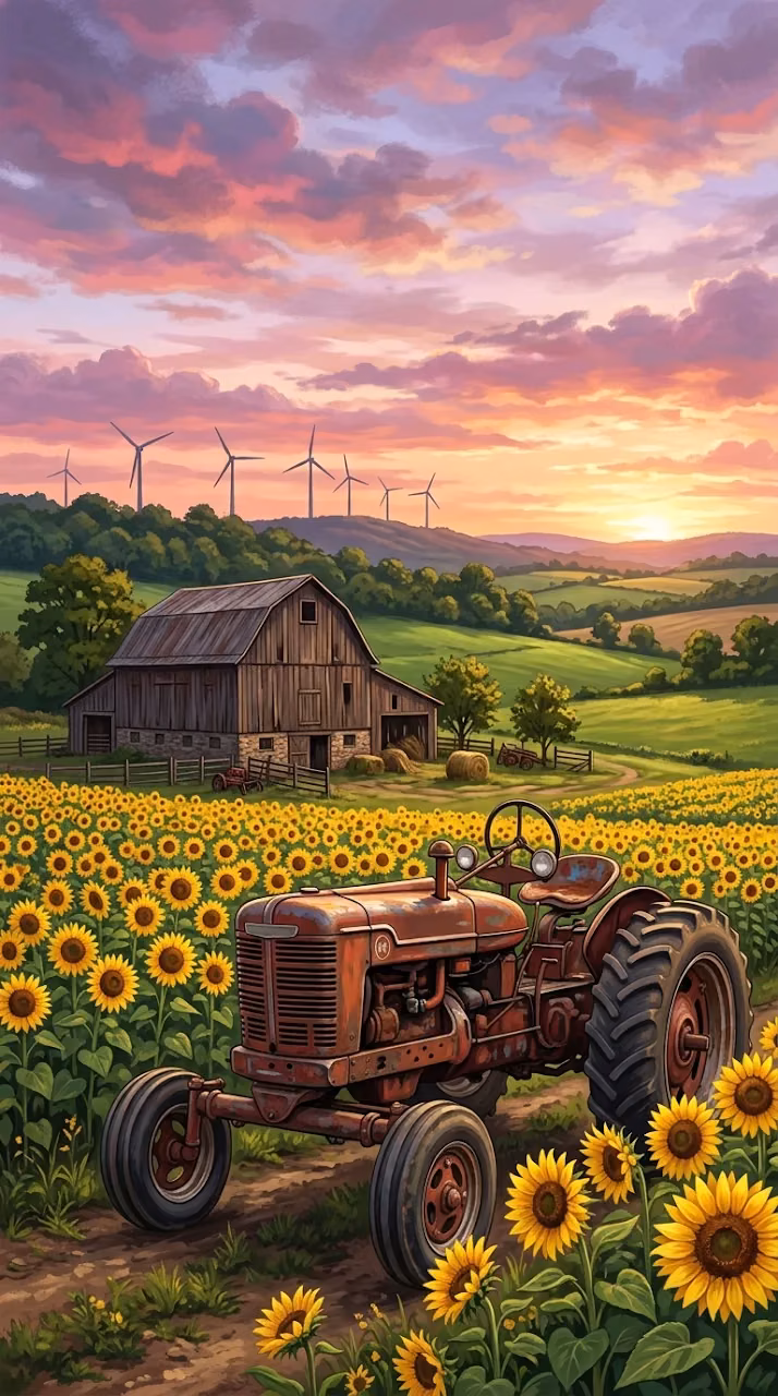 Download Nostalgic Illustration of a Vintage Tractor and Sunflowers by a Barn at Sunset Wallpaper in Mobile HD Nostalgic Illustration of a Vintage Tractor and Sunflowers by a Barn at Sunset - Free Mobile AMOLED Wallpaper Background