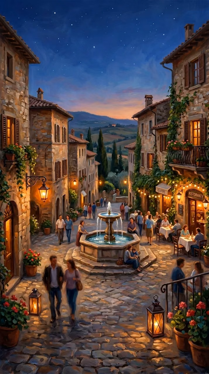 Nostalgic Italian Village Square at Twilight with Warm Lanterns - Free Mobile AMOLED Wallpaper Background