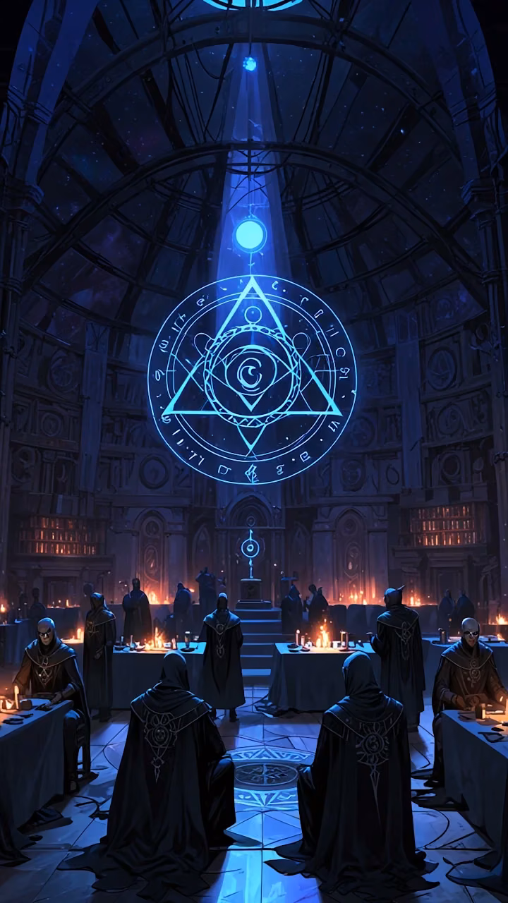 Download Occult Ritual Chamber with Glowing Blue Eye Symbol and Figures Wallpaper in 4K UHD Occult Ritual Chamber with Glowing Blue Eye Symbol and Figures - Free 4K Desktop Wallpaper Background
