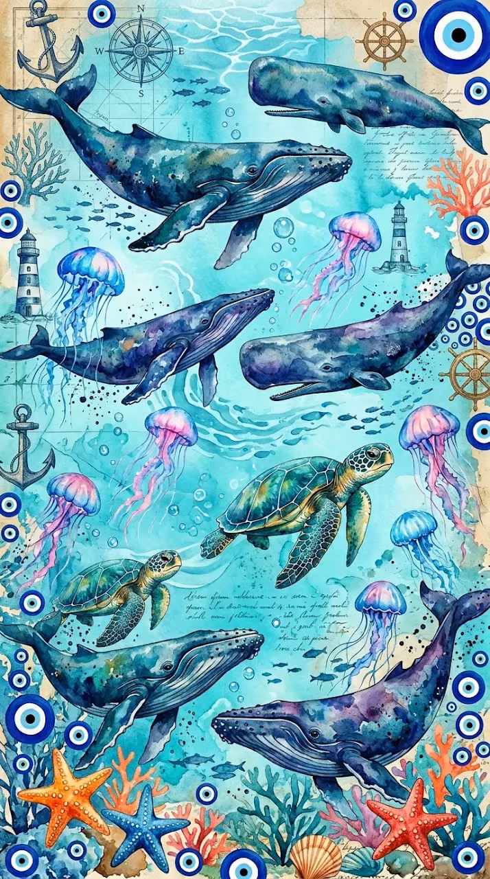 Download Ocean Themed Blue Aesthetic Collage with Marine Life and Surf Icons Wallpaper in Mobile HD Ocean Themed Blue Aesthetic Collage with Marine Life and Surf Icons - Free Mobile AMOLED Wallpaper Background