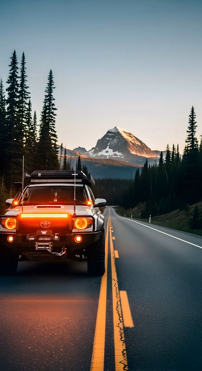 Off Road Vehicle Driving Alpine Road at Sunset - Free Mobile AMOLED Wallpaper Background