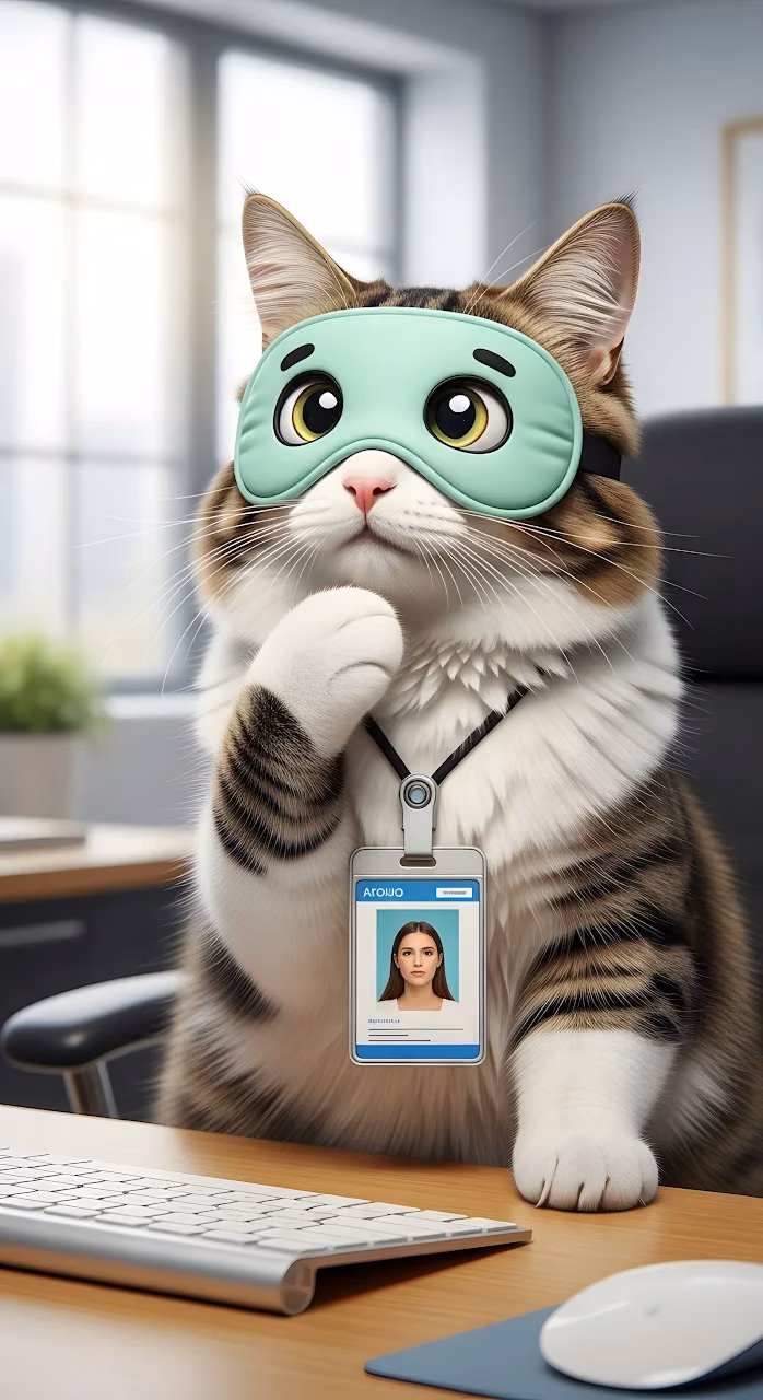 Office Cat Wearing Sleep Mask and Human ID Badge - Free Mobile AMOLED Wallpaper Background