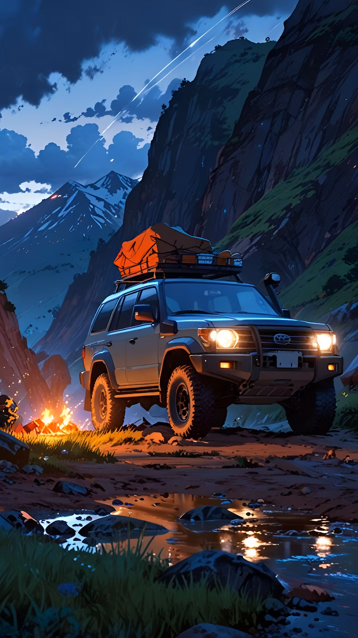 Download Offroad SUV Camping Twilight Mountain Valley Illustration Wallpaper in Mobile HD Offroad SUV Camping Twilight Mountain Valley Illustration - Free Mobile AMOLED Wallpaper Background