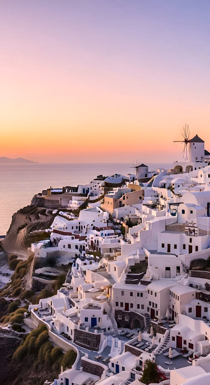 Download Oia Santorini Sunset View with White Houses and Windmills Wallpaper in Mobile HD Oia Santorini Sunset View with White Houses and Windmills - Free Mobile AMOLED Wallpaper Background