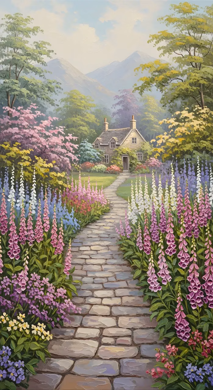 Oil Painting of Cottage Garden with Foxglove Path - Free Mobile AMOLED Wallpaper Background