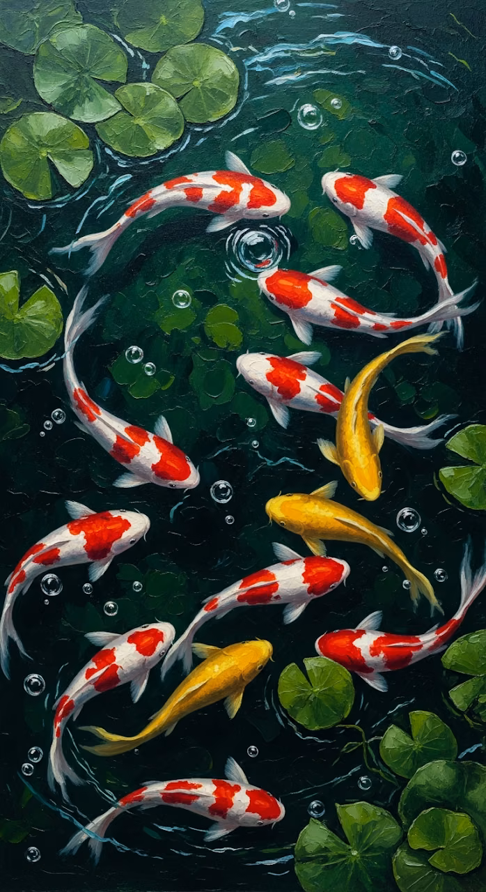 Oil Painting of Nine Red and White Koi Fish Swimming in a Dark Green Pond with Lily Pads - Free Mobile AMOLED Wallpaper Background