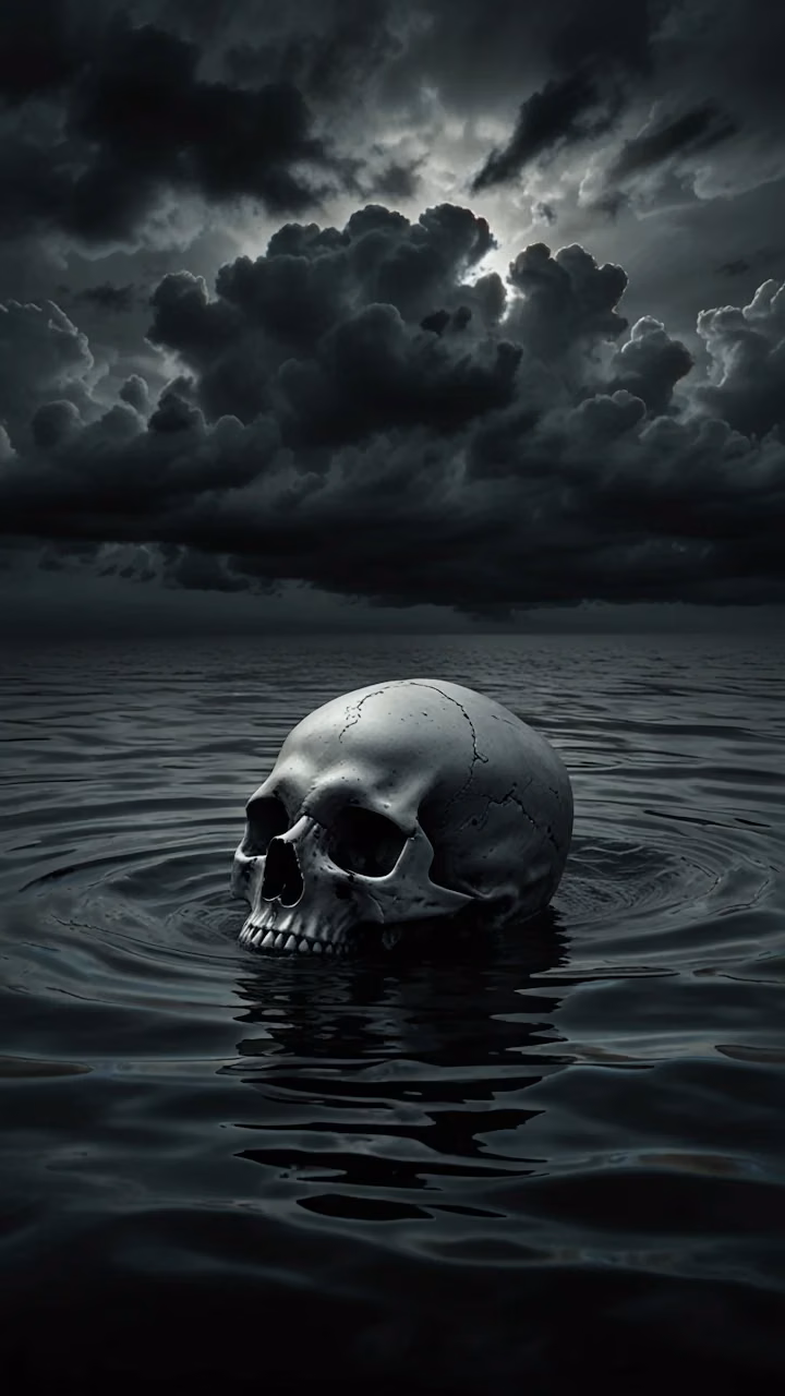Ominous Skull Floating in Dark Water Under Storm Clouds - Free 4K Desktop Wallpaper Background