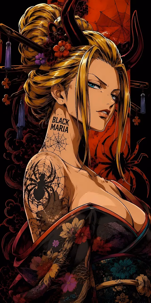 Black Maria from One Piece wearing a dark floral kimono with spider tattoos visible on her shoulder.