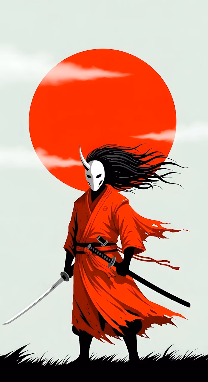 Download Oni Mask Samurai Warrior Against the Red Sun Wallpaper in Mobile HD Oni Mask Samurai Warrior Against the Red Sun - Free Mobile AMOLED Wallpaper Background