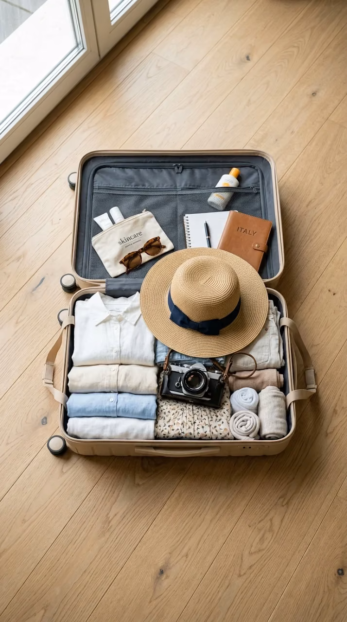 Open Suitcase with Travel Essentials and Camera - Free Mobile AMOLED Wallpaper Background