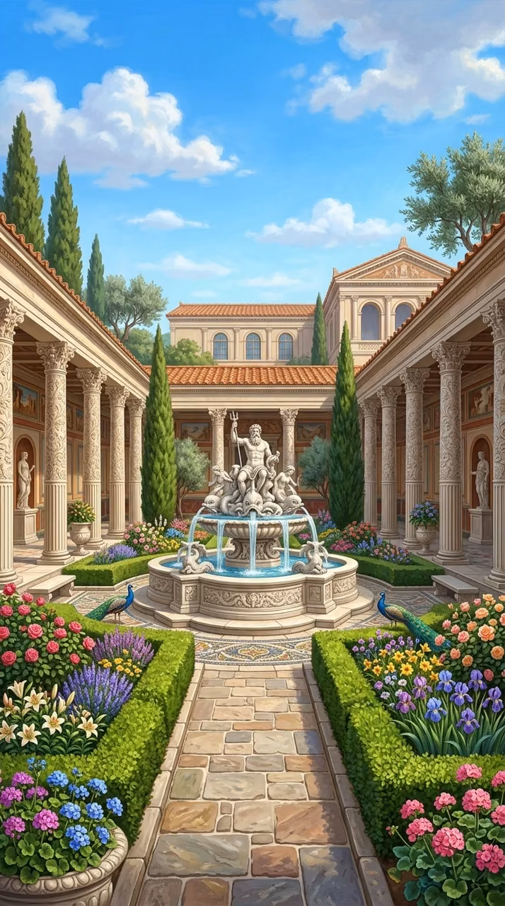 Download Opulent Roman Garden with Marble Fountain and Fluted Floral Columns Wallpaper in Mobile HD Opulent Roman Garden with Marble Fountain and Fluted Floral Columns - Free Mobile AMOLED Wallpaper Background