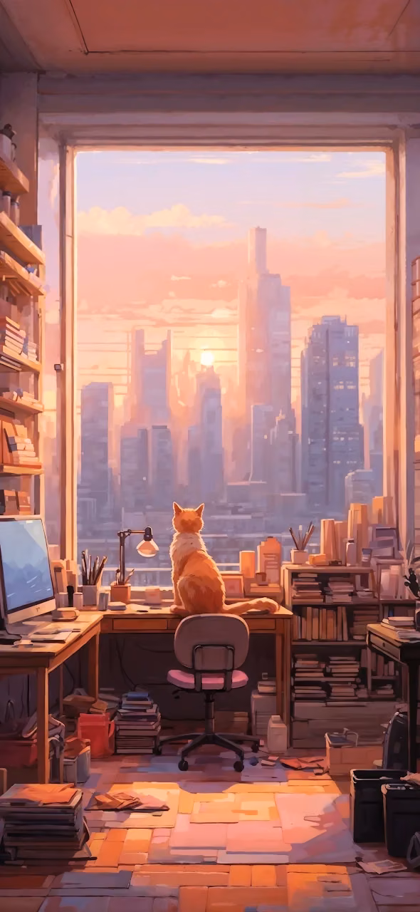 Orange Cat Gazing at Sunset Cityscape from Desk - Free Mobile AMOLED Wallpaper Background