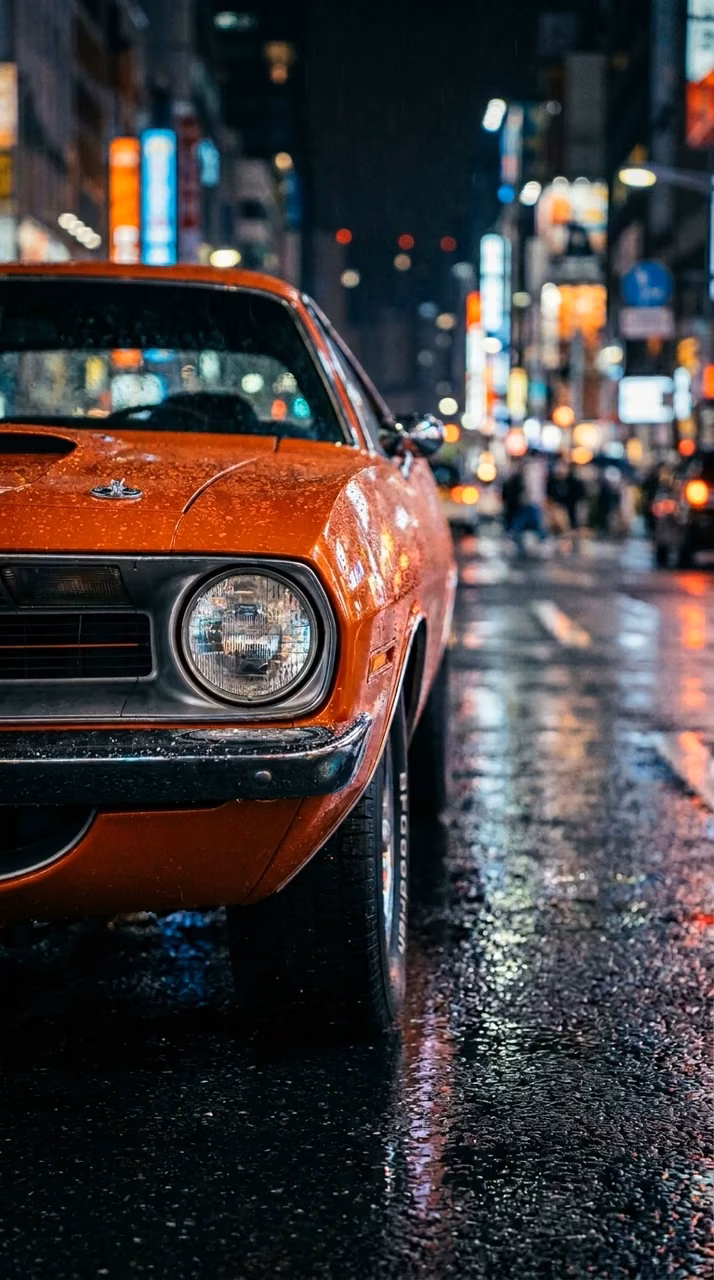 Orange Classic Muscle Car Detail on Wet City Street at Night - Free Mobile AMOLED Wallpaper Background