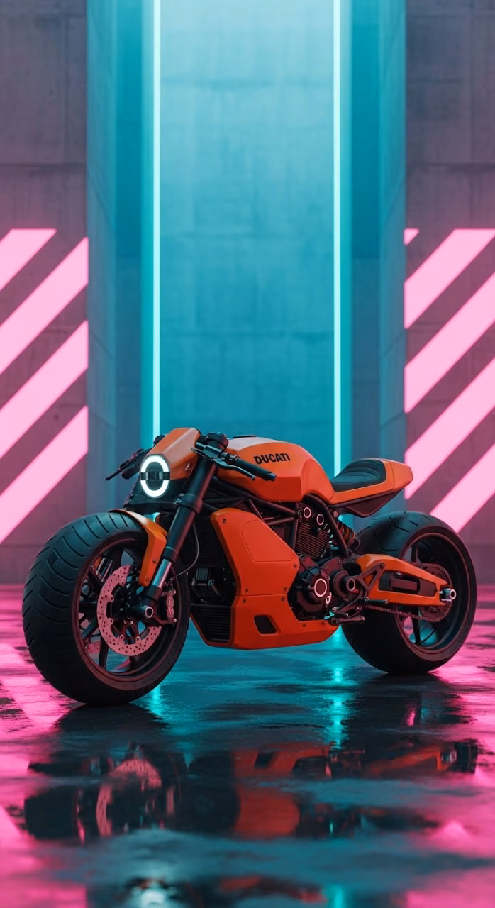 Download Orange Custom Motorcycle with Heavy Tread in Neon City Wallpaper in Mobile HD Orange Custom Motorcycle with Heavy Tread in Neon City - Free Mobile AMOLED Wallpaper Background