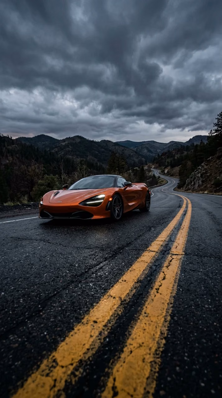 Download Orange High-Performance Sports Car on Dark Asphalt Road Under Stormy Clouds Wallpaper in Mobile HD Orange High-Performance Sports Car on Dark Asphalt Road Under Stormy Clouds - Free Mobile AMOLED Wallpaper Background