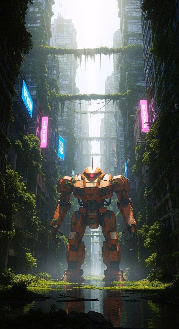 Download Orange Mecha Robot in Solarpunk Post-Apocalyptic Urban Environment Wallpaper in Mobile HD Orange Mecha Robot in Solarpunk Post-Apocalyptic Urban Environment - Free Mobile AMOLED Wallpaper Background