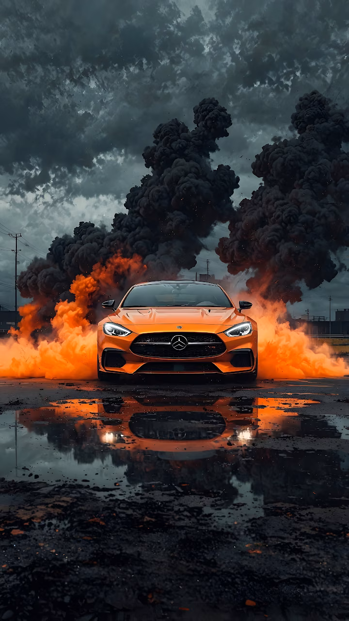 Orange Mercedes AMG GT Smoke Explosion Dramatic - Free Mobile AMOLED Wallpaper Background