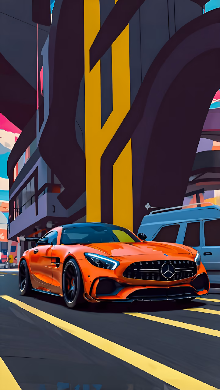 Download Orange Mercedes AMG GT Stylized Pop Art Cityscape Wallpaper in Mobile HD Orange Mercedes AMG GT Stylized Pop Art Cityscape - Free Mobile AMOLED Wallpaper Background