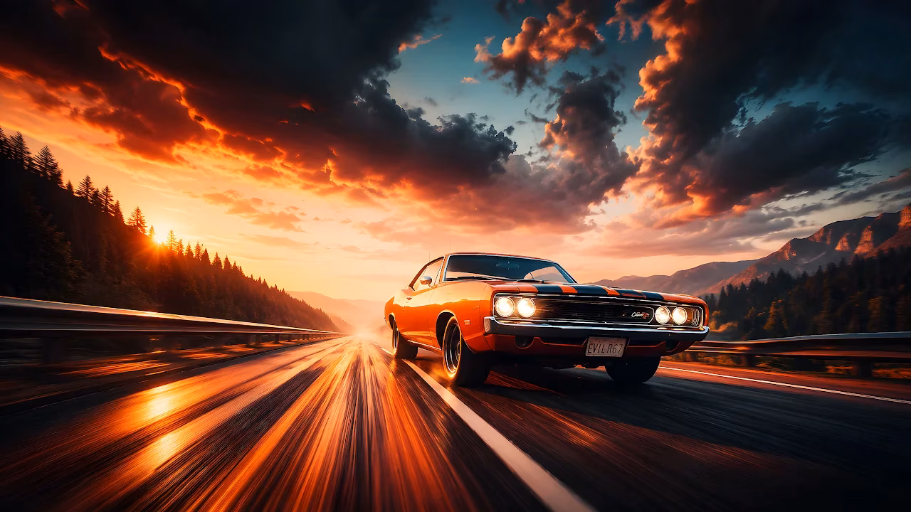 Download Orange Muscle Car Sunset Highway Drive 4K Wallpaper in 4K UHD Vintage orange muscle car driving fast along an asphalt road toward a fiery mountain sunset.