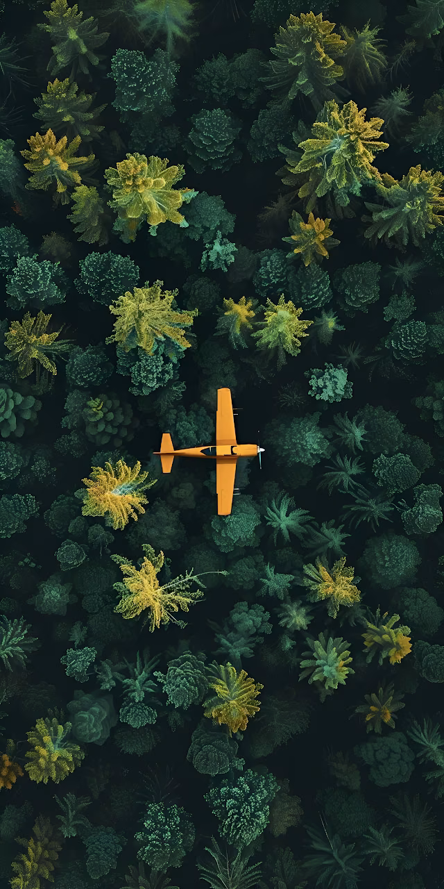 Orange Plane Flying Over Dense Tropical Forest Canopy - Free Mobile AMOLED Wallpaper Background