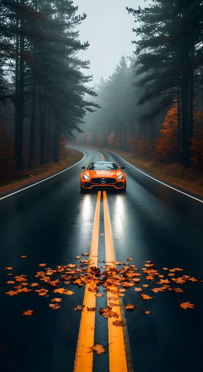 Orange Sports Car Driving Forest Road Autumn Leaves Fog - Free Mobile AMOLED Wallpaper Background