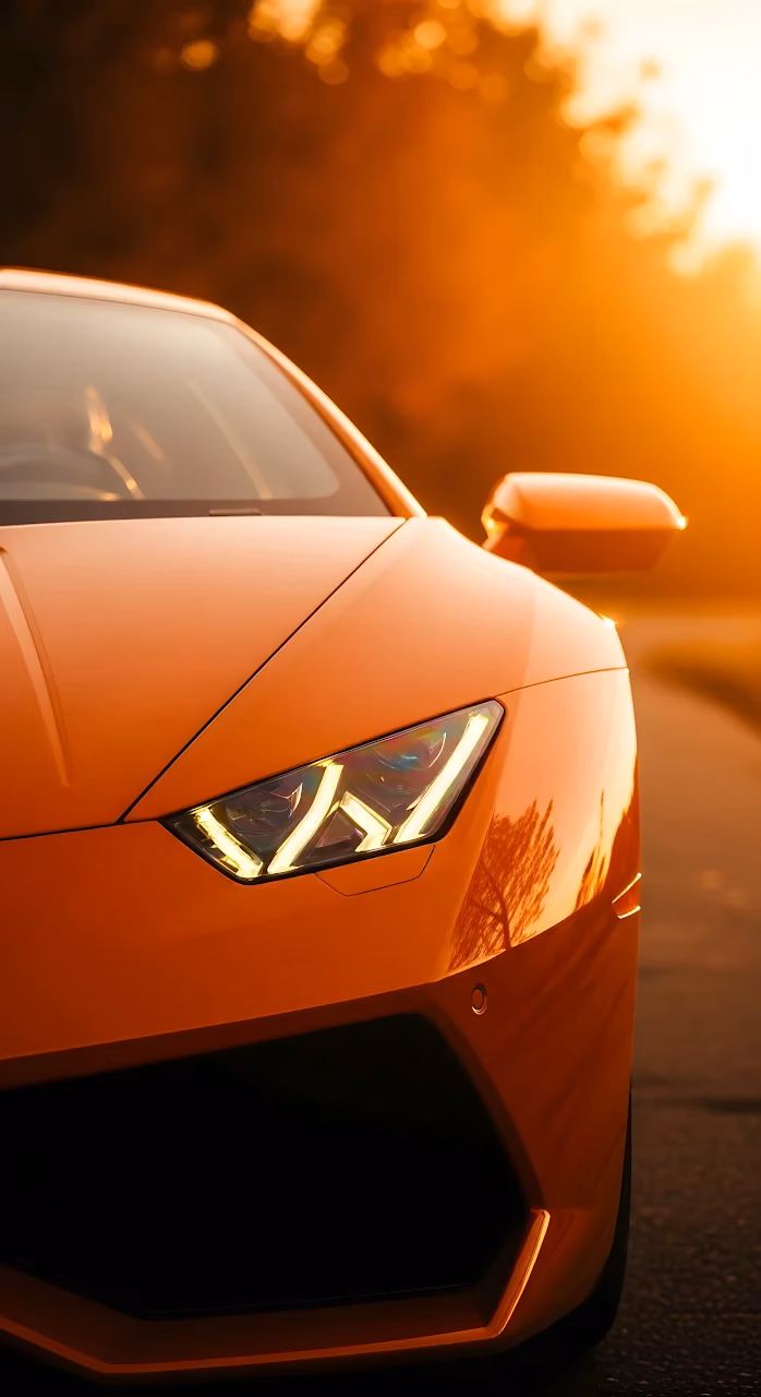 Orange Sports Car Headlight Golden Hour Sunset View - Free Mobile AMOLED Wallpaper Background