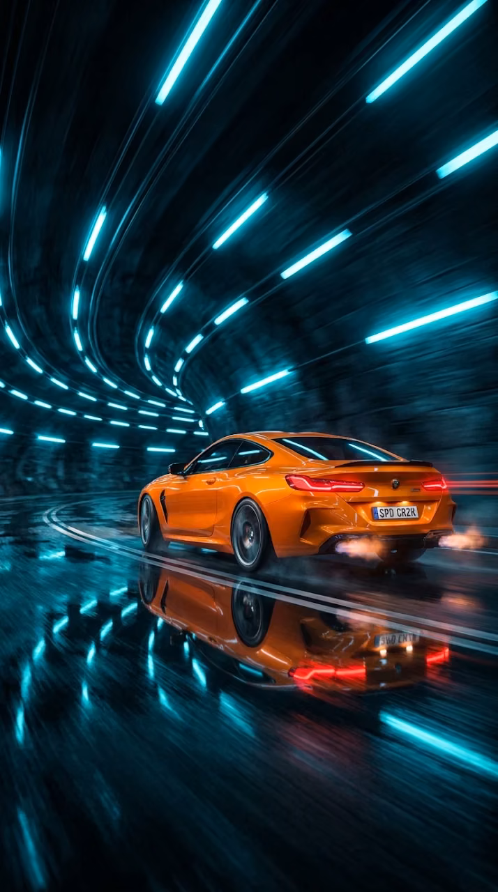 Orange Sports Car Speeding in Blue Cyber Tunnel - Free Mobile AMOLED Wallpaper Background
