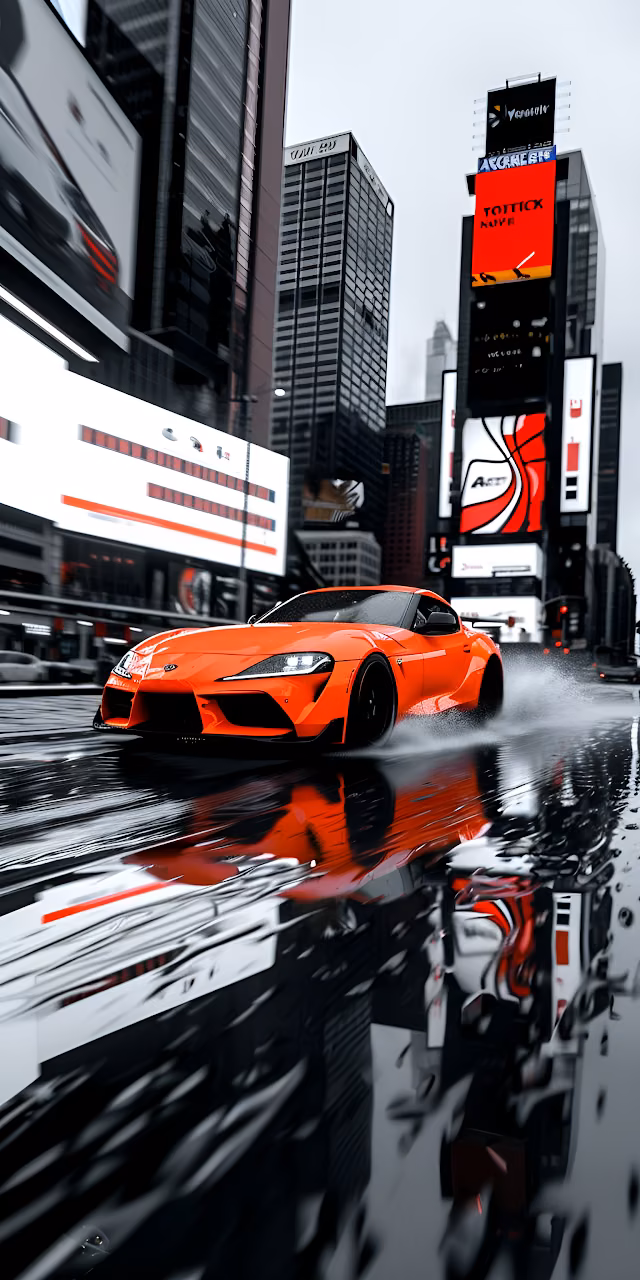 Orange Sports Car Speeding Through Wet City Street Scene - Free Mobile AMOLED Wallpaper Background