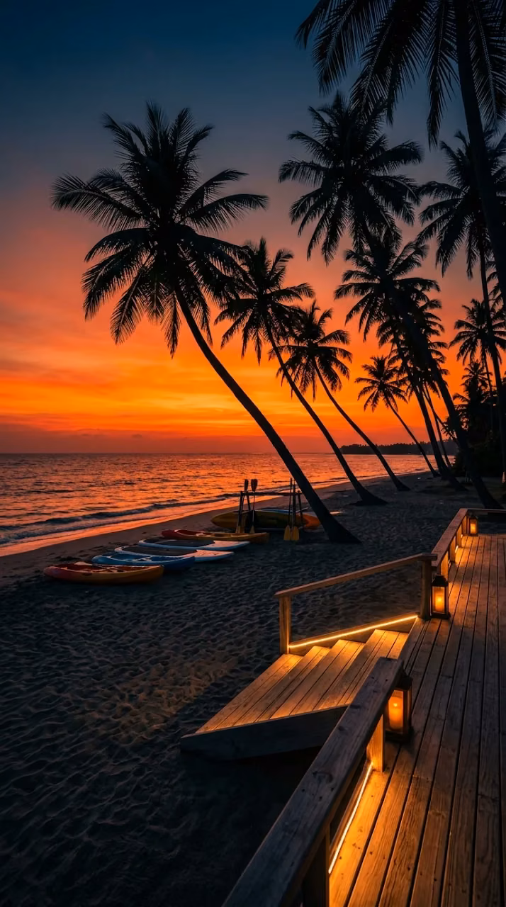 Orange Sunset Over Tropical Beach Resort with Palm Tree Silhouettes - Free Mobile AMOLED Wallpaper Background