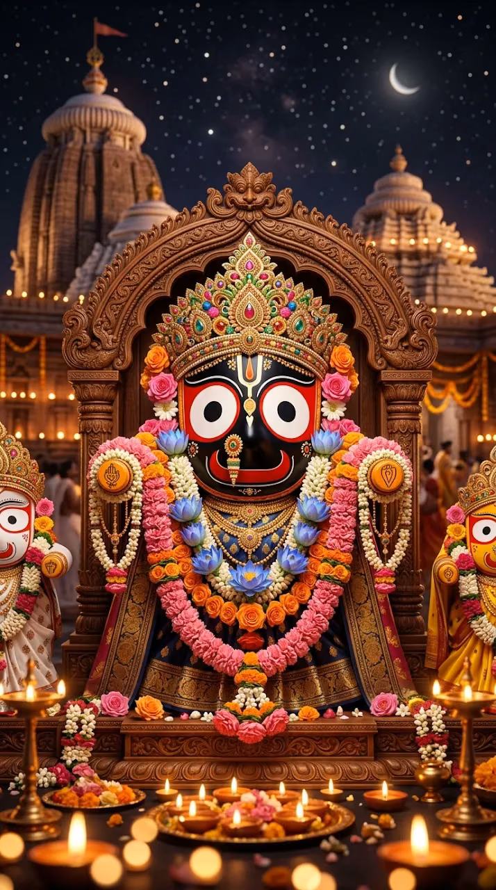 Ornate Digital Render of Lord Jagannath Deity with Floral Decorations - Free Mobile AMOLED Wallpaper Background