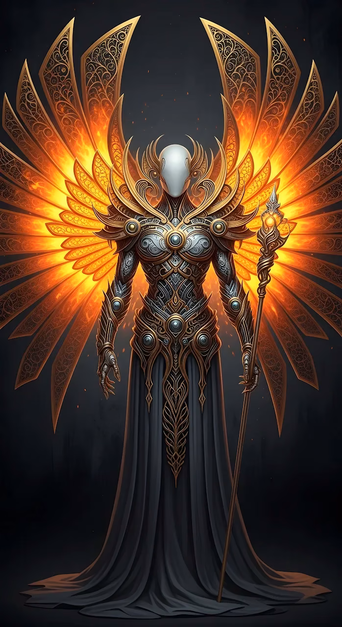 Ornate Golden Archangel Warrior with Fiery Filigree Wings - Free Mobile AMOLED Wallpaper Background