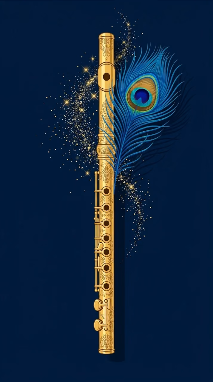 Ornate Golden Flute with Vibrant Blue Peacock Feather - Free Mobile AMOLED Wallpaper Background