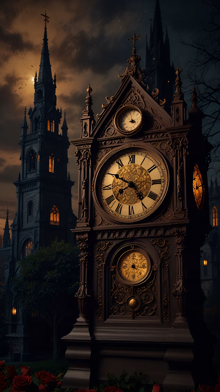 Ornate Gothic Clock Tower in Dark Castle Courtyard Night - Free Mobile AMOLED Wallpaper Background