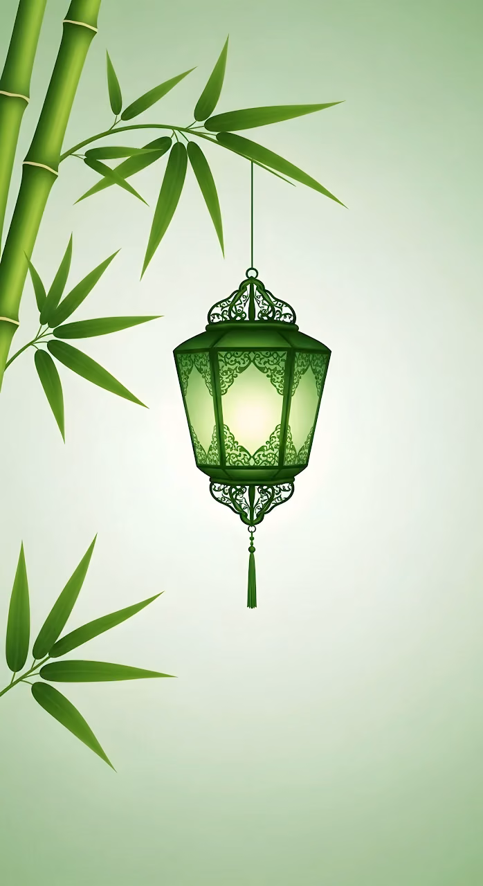 Ornate Green Asian Lantern Bamboo Illustration - Free Mobile AMOLED Wallpaper Background