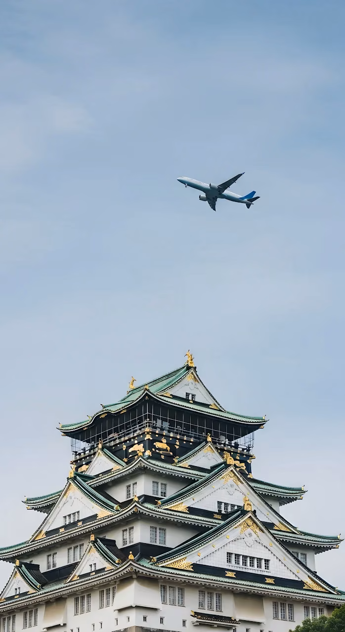 Download Osaka Castle Airplane Flyover Traditional Japanese Architecture Wallpaper in Mobile HD Osaka Castle Airplane Flyover Traditional Japanese Architecture - Free Mobile AMOLED Wallpaper Background