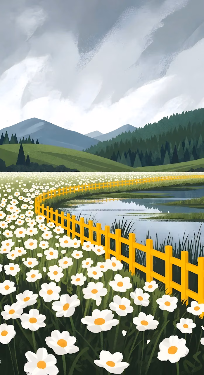 Overcast Daisy Meadow with Yellow Fence and Pine Forest - Free Mobile AMOLED Wallpaper Background