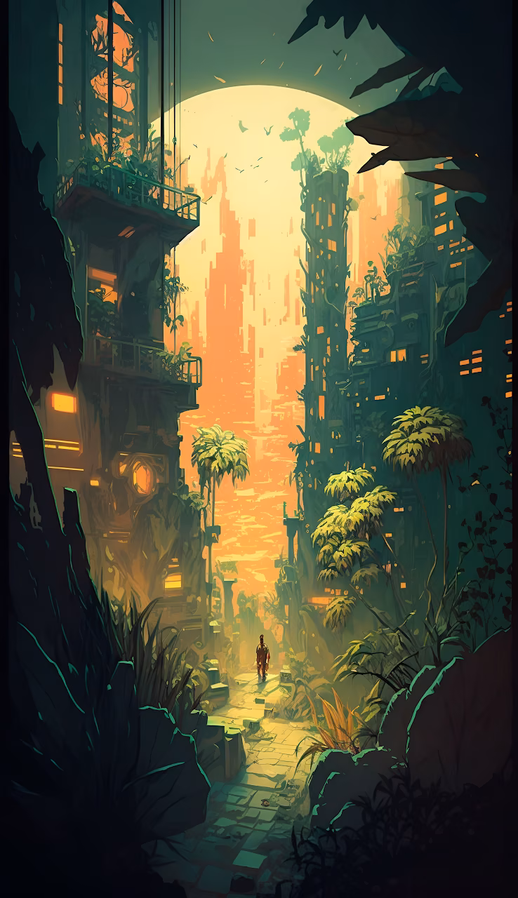 Overgrown Cyberpunk Cityscape Sunset Digital Art - Free Mobile AMOLED Wallpaper Background