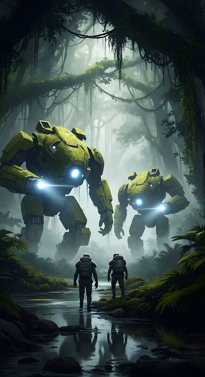Overgrown Jungle Mechs Encounter Explorers - Free Mobile AMOLED Wallpaper Background