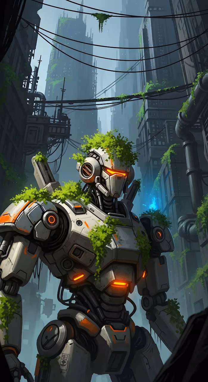 Download Overgrown Mecha Robot in Post-Apocalyptic City Wallpaper in Mobile HD Overgrown Mecha Robot in Post-Apocalyptic City - Free Mobile AMOLED Wallpaper Background