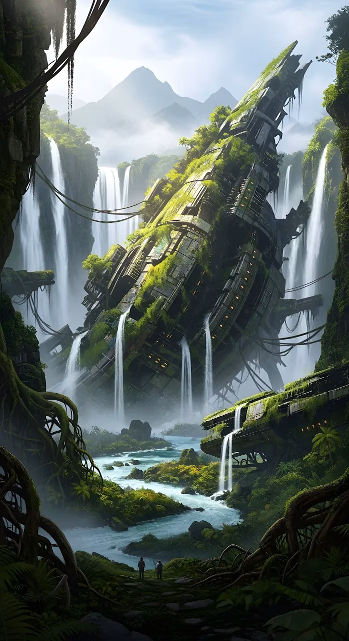 Overgrown Spaceship Ruins in Lush Jungle Waterfalls - Free Mobile AMOLED Wallpaper Background