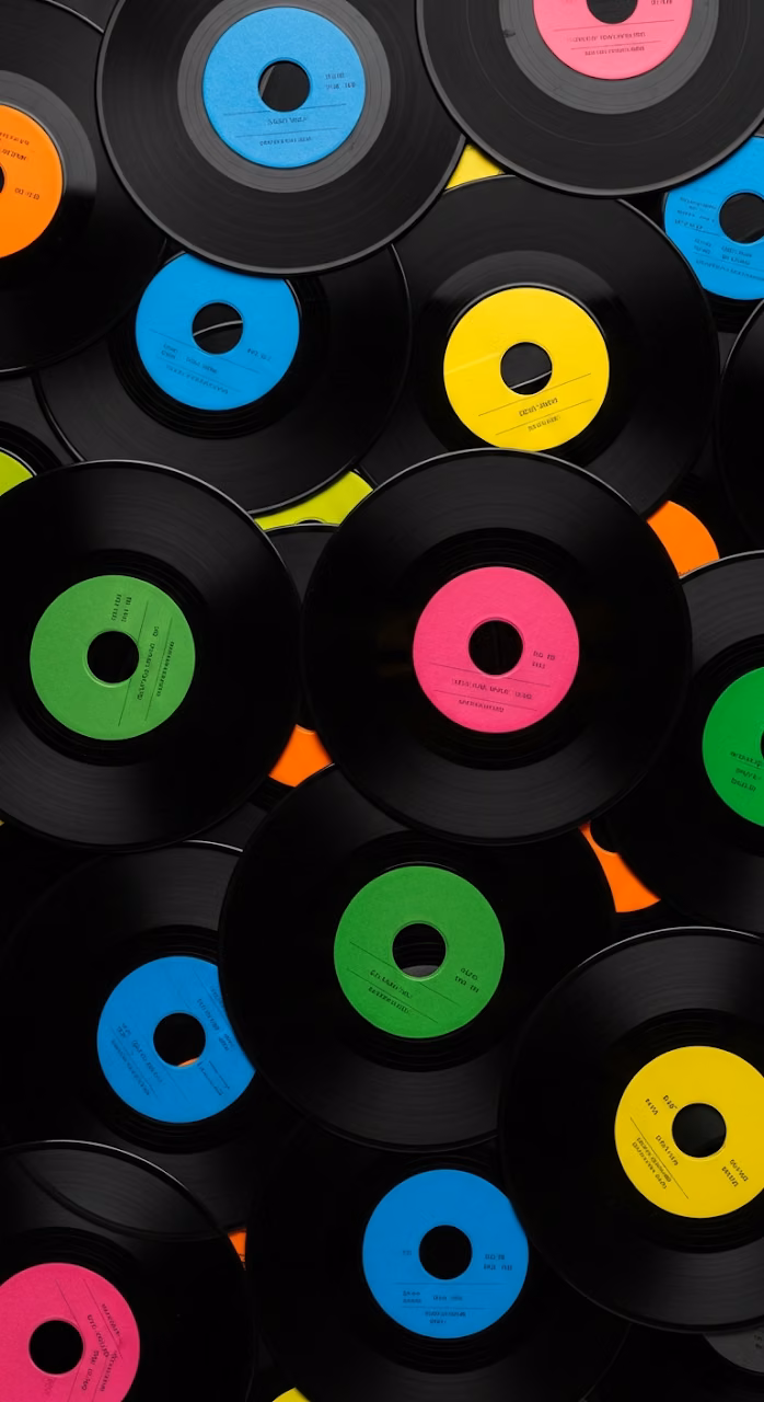 Download Overhead View of Overlapping Black Vinyl 45 RPM Records with Colorful Labels Wallpaper in Mobile HD Overhead View of Overlapping Black Vinyl 45 RPM Records with Colorful Labels - Free Mobile AMOLED Wallpaper Background