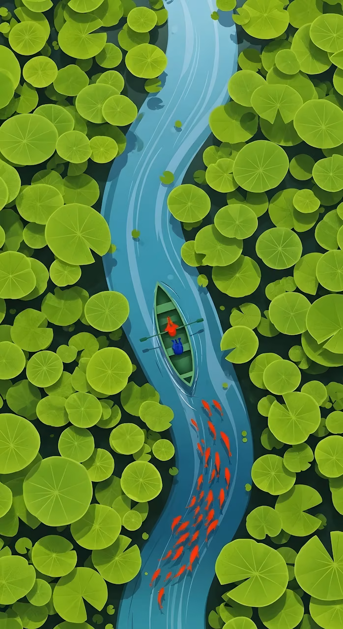 Overhead View of Rowboat on River Surrounded by Lily Pads - Free Mobile AMOLED Wallpaper Background
