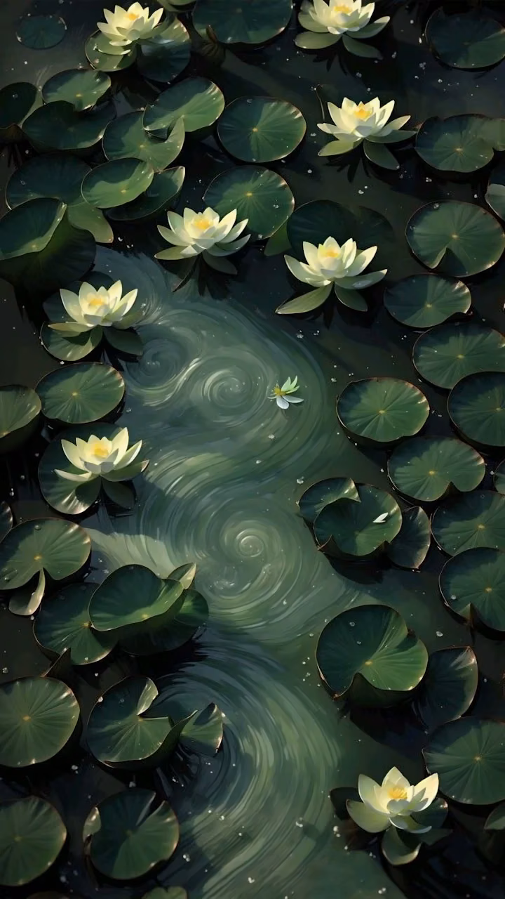 Overhead View of Water Lilies in Dark Pond with Swirls - Free Mobile AMOLED Wallpaper Background