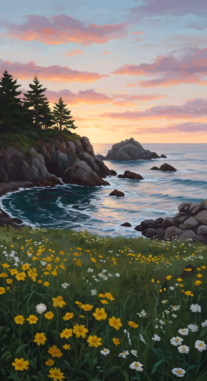 Painterly Coastal Cove with Wildflowers at Dusk - Free Mobile AMOLED Wallpaper Background