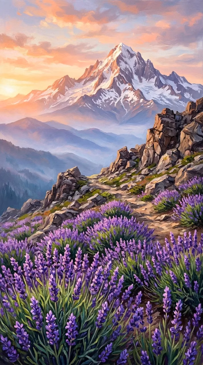 Download Painterly Illustration of a Snow-Capped Mountain Behind a Lavender Field Wallpaper in Mobile HD Painterly Illustration of a Snow-Capped Mountain Behind a Lavender Field - Free Mobile AMOLED Wallpaper Background