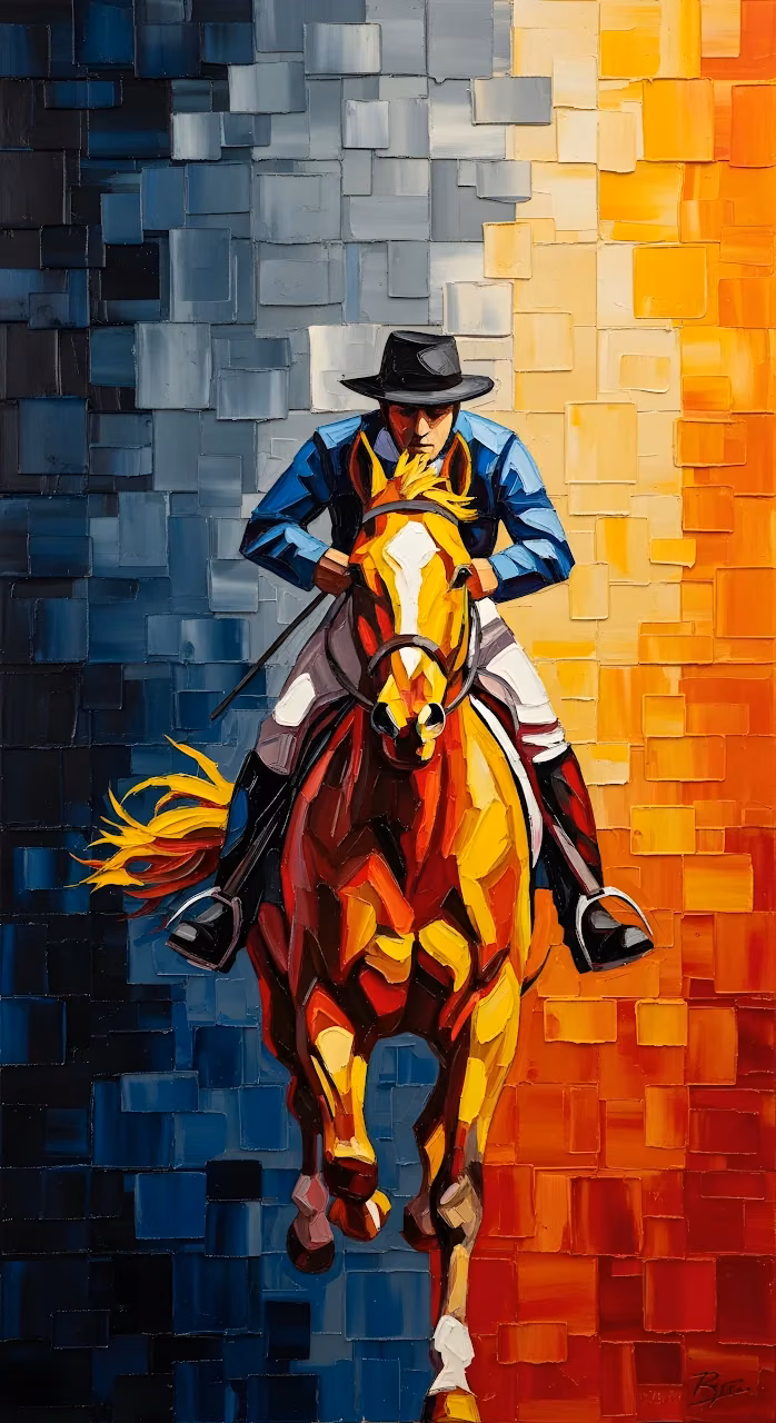 Palette Knife Painting of Jockey and Horse, Warm Cool Contrast - Free Mobile AMOLED Wallpaper Background