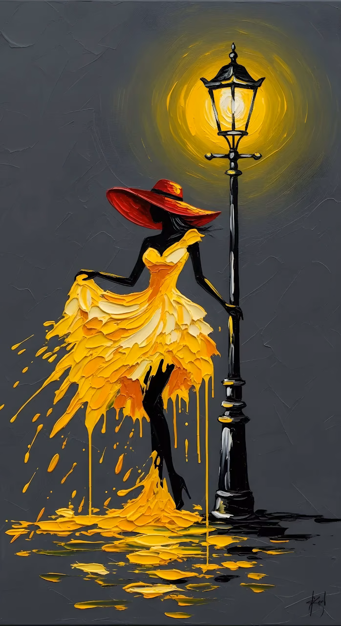 Palette Knife Painting Woman Yellow Dress Street Lamp - Free Mobile AMOLED Wallpaper Background